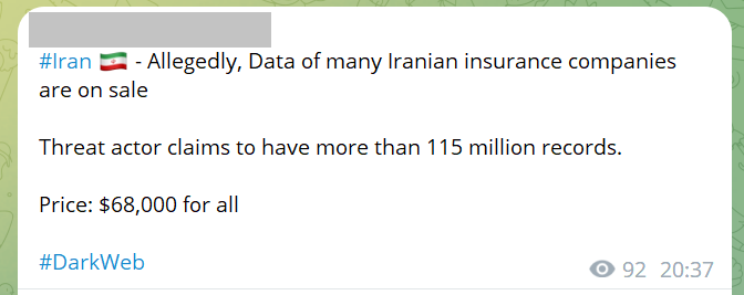 Advertisement for the sale of databases of Iranian insurance companies