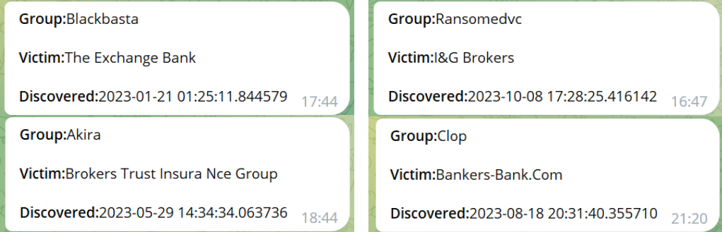 Examples of messages in Telegram channels about ransomware attacks on financial institutions